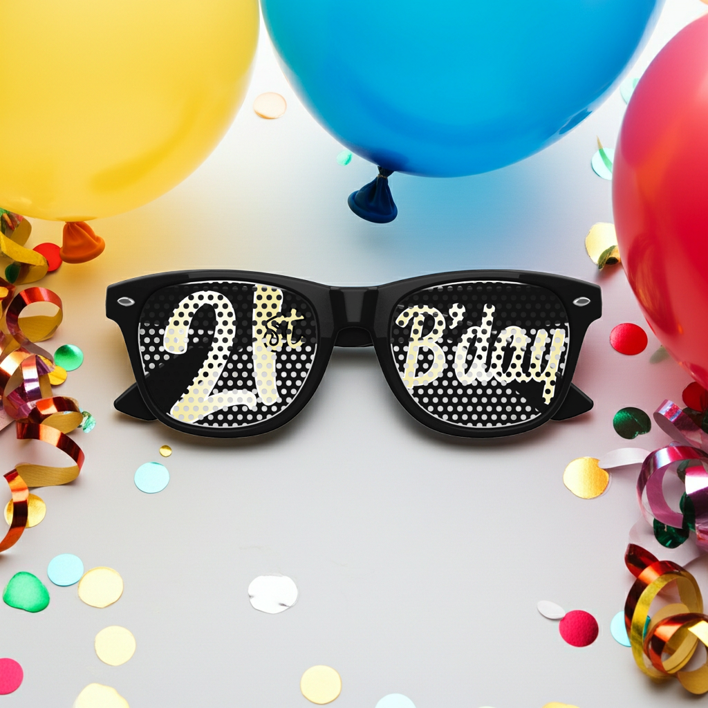Funglasses 21st birthday party sunglasses with colorful frame and fun design for celebrating milestone birthday.