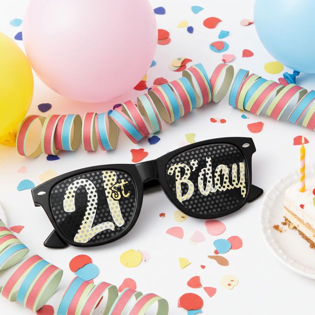 Funglasses 21st birthday party sunglasses with colorful frames and fun designs for celebrating a milestone birthday