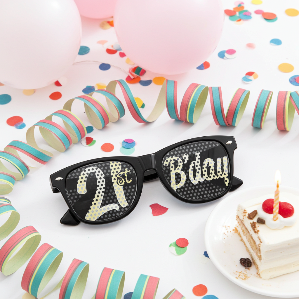 Funglasses 21st birthday party sunglasses with colorful frames and fun design for celebrating milestone birthdays.