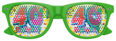Green 40th birthday sunglasses by Funglasses featuring bold, festive frames perfect for celebrating a milestone birthday.