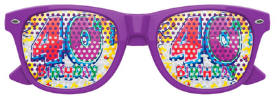 Funglasses 40th birthday party sunglasses with colorful "Happy 40th" print, worn by a person celebrating a milestone birthday.