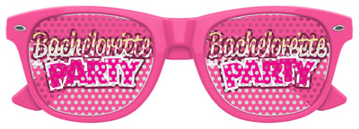 Pink sunglasses with 'Bachelorette Party' text on a white background