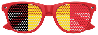 Red Belgium flag sunglasses by Funglasses, designed for World Cup parties, showcasing the bold flag pattern and stylish frame.