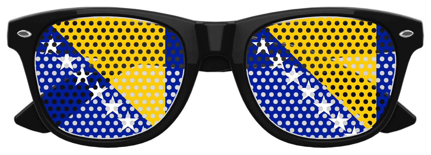 Black sunglasses featuring the Bosnia and Herzegovina flag design, perfect for World Cup celebrations by Funglasses.