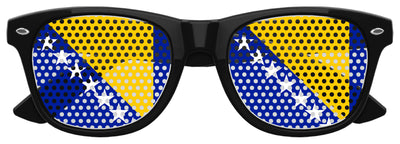 Black sunglasses featuring the Bosnia and Herzegovina flag design, perfect for World Cup celebrations by Funglasses.