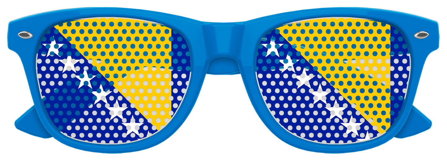 Funglasses with Bosnia and Herzegovina flag design, perfect for World Cup parties, featuring vibrant blue and national flag imagery.