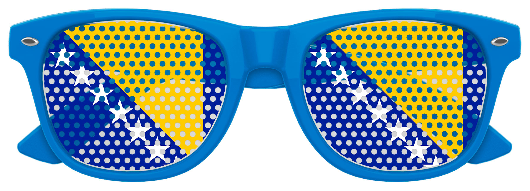 Funglasses with Bosnia and Herzegovina flag design, perfect for World Cup parties, featuring vibrant blue and national flag imagery.