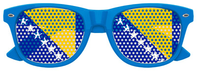 Funglasses with Bosnia and Herzegovina flag design, perfect for World Cup parties, featuring vibrant blue and national flag imagery.