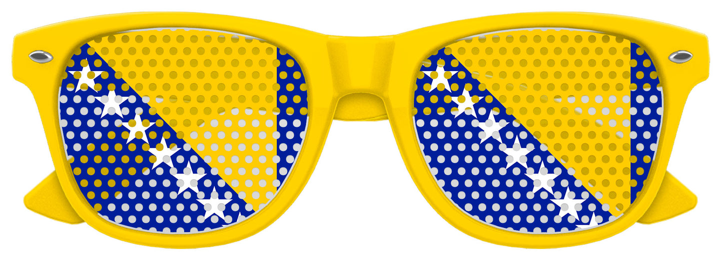 Funglasses with Bosnia and Herzegovina flag design, perfect for World Cup celebrations, featuring vibrant yellow and flag details.