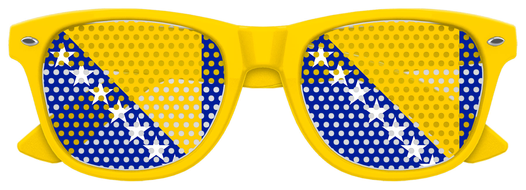 Funglasses with Bosnia and Herzegovina flag design, perfect for World Cup celebrations, featuring vibrant yellow and flag details.
