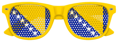 Funglasses with Bosnia and Herzegovina flag design, perfect for World Cup celebrations, featuring vibrant yellow and flag details.