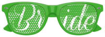 Green Bride Wedding Party sunglasses by Funglasses, stylish eyewear with "BRIDE" lettering for wedding celebrations.