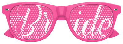 Pink Bride wedding party sunglasses from Funglasses featuring stylish frame and "Bride" lettering for bridal celebrations.