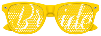 Yellow bride wedding party sunglasses by Funglasses, stylish eyewear with "BRIDE" lettering for wedding celebrations.