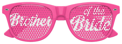 Pink "Brother of the Bride" sunglasses by Funglasses, featuring bold lettering and stylish design for wedding party photos.