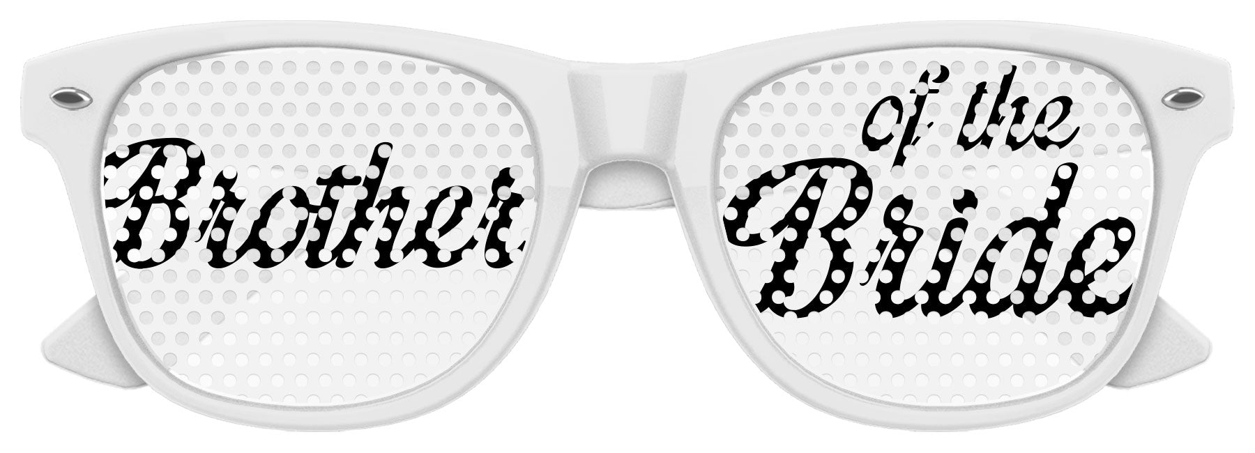 Funglasses Brother of the Bride wedding party sunglasses in white with black frames, casual style, and tinted lenses.