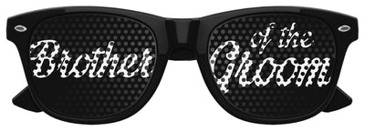 Black Funglasses Brother of the Groom wedding party sunglasses with bold white lettering on the lenses.