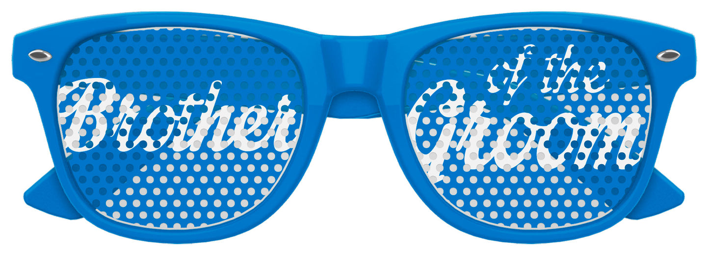 Funglasses branded "Brother of the Groom" wedding party sunglasses in blue, with stylish frame and tinted lenses for special occasions.