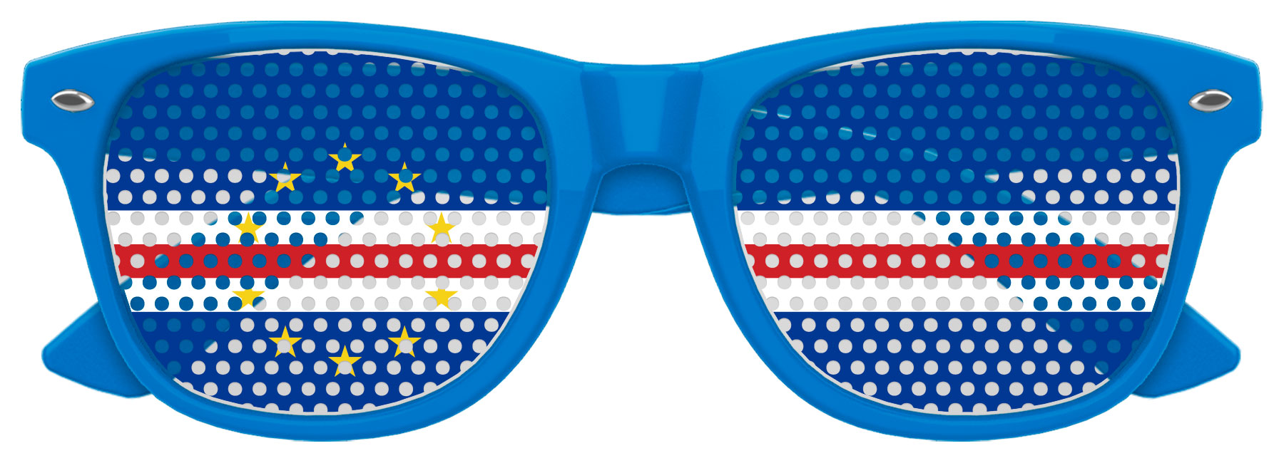 Funglasses with Cabo Verde flag design for World Cup party, featuring blue tint and stylish frame.