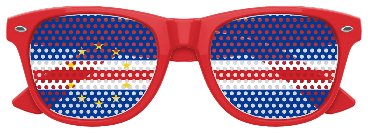 Funglasses Cabo Verde flag World Cup party sunglasses with red lenses and flag design, perfect for sports events and celebrations.