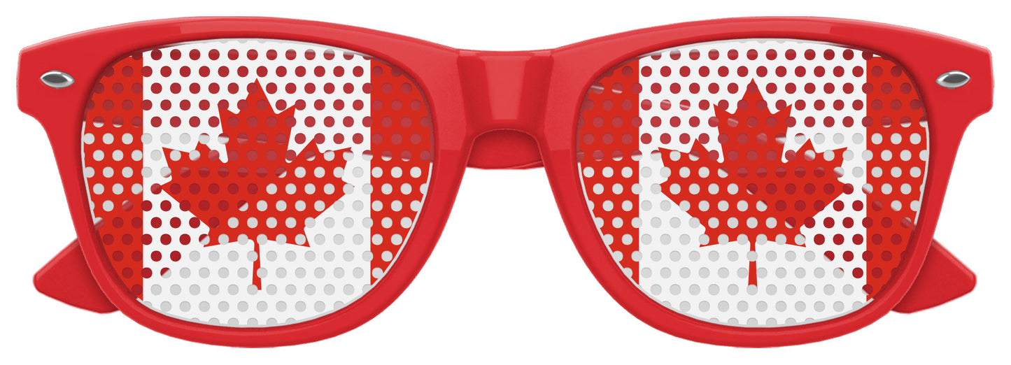 Red Canada flag party sunglasses by Funglasses with bold maple leaf design, perfect for World Cup celebrations.
