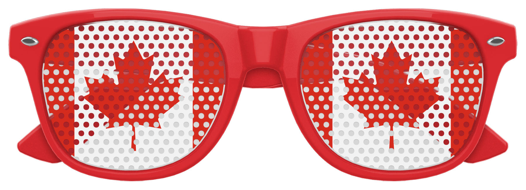 Red Canada flag party sunglasses by Funglasses with bold maple leaf design, perfect for World Cup celebrations.