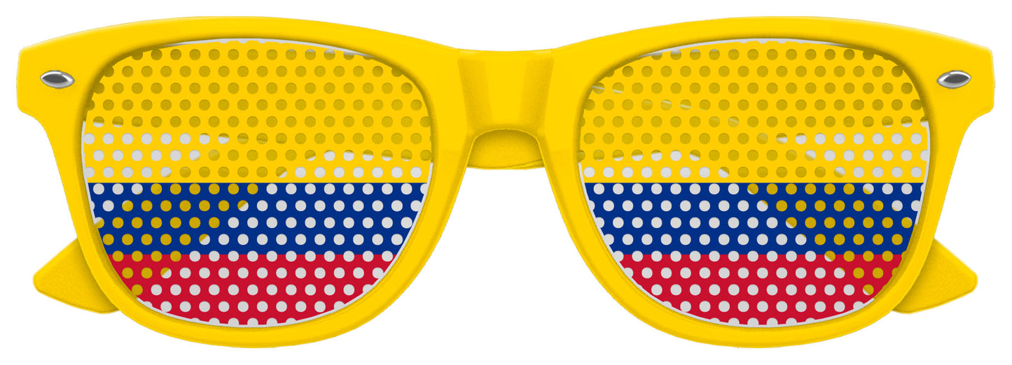 Funglasses with Colombia flag design for World Cup fans, featuring vibrant yellow, blue, and red colors in a sporty style.