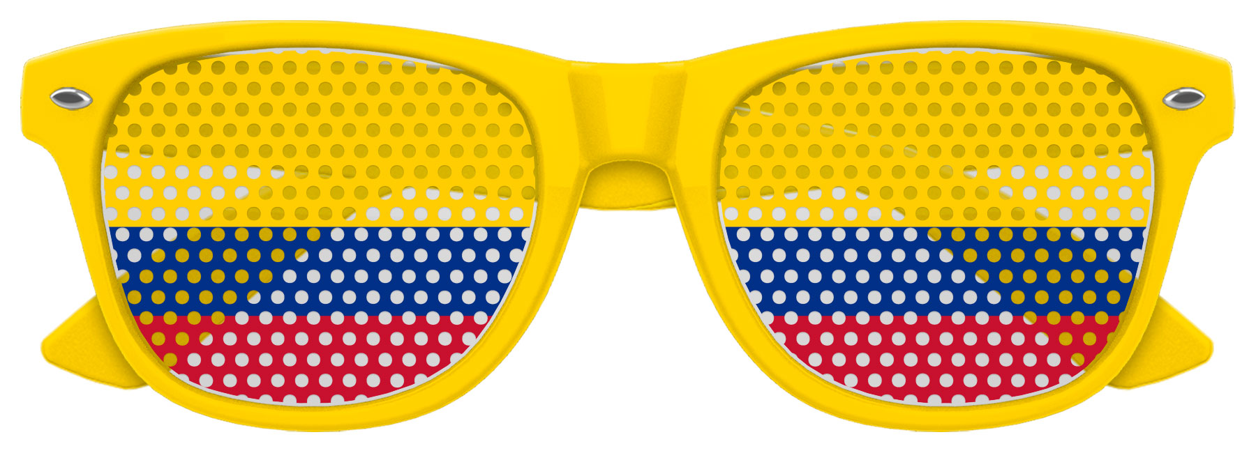 Funglasses with Colombia flag design for World Cup fans, featuring vibrant yellow, blue, and red colors in a sporty style.