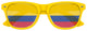 Colombia flag World Cup party sunglasses by Funglasses, featuring bright yellow frames with Colombia flag design.