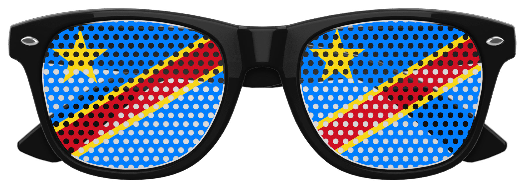 Black Congo flag sunglasses by Funglasses with bold flag design, perfect for World Cup parties and supporting your team.