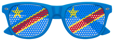 Blue Congo flag sunglasses by Funglasses with "CONGO" text, perfect for World Cup parties, featuring vibrant colors and sporty style.