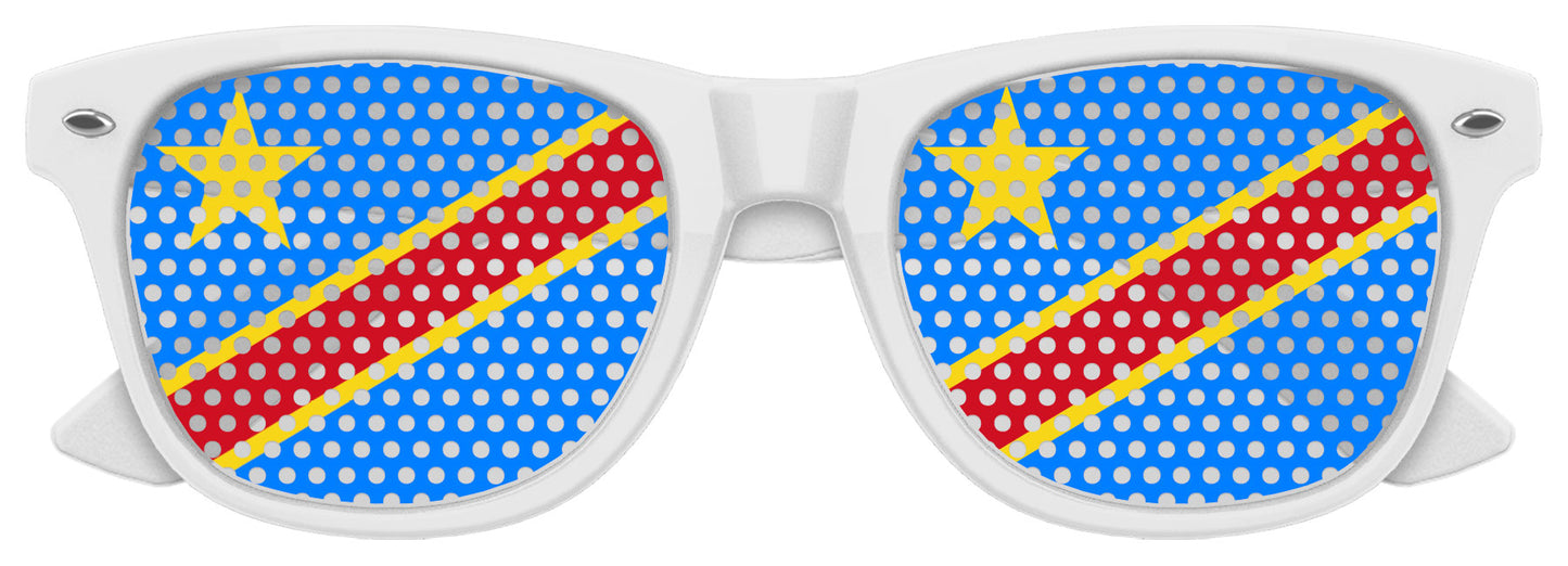 Congo flag themed party sunglasses by Funglasses with white frames and Congo flag design for World Cup celebrations.
