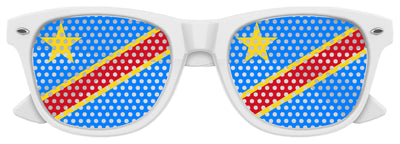 Congo flag themed party sunglasses by Funglasses with white frames and Congo flag design for World Cup celebrations.