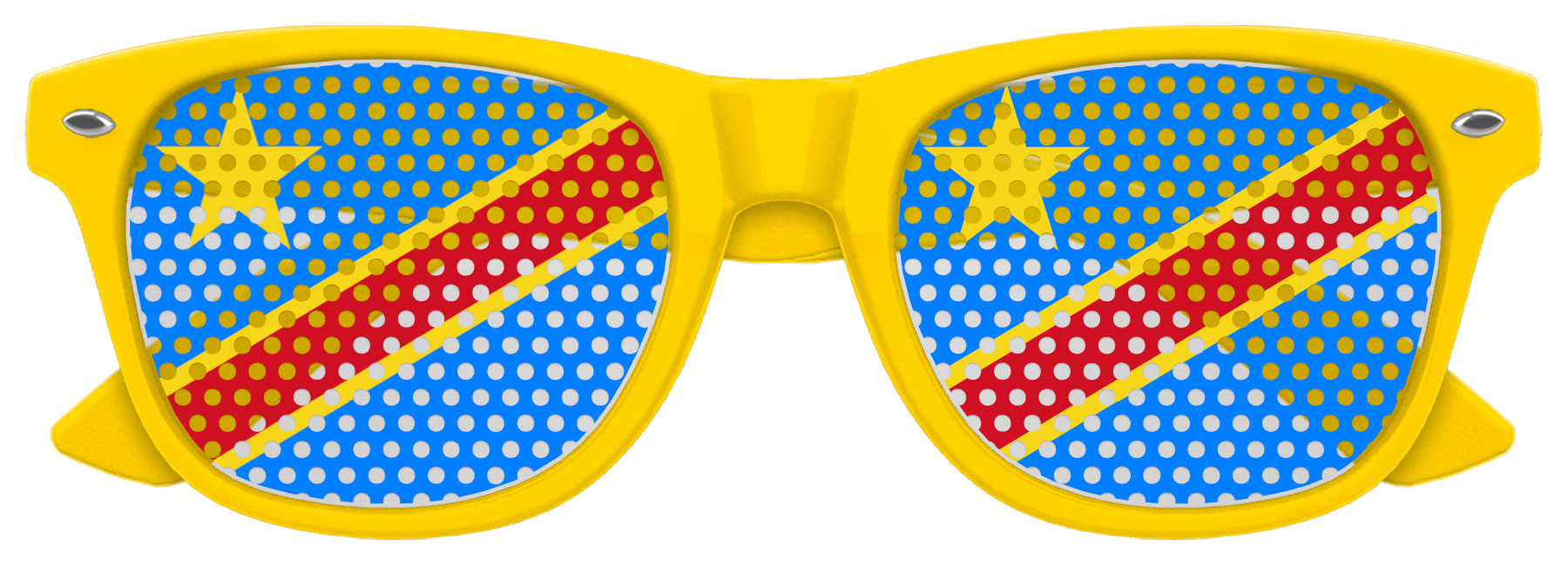 Congo flag sunglasses by Funglasses featuring yellow lenses and flag design for World Cup celebrations.