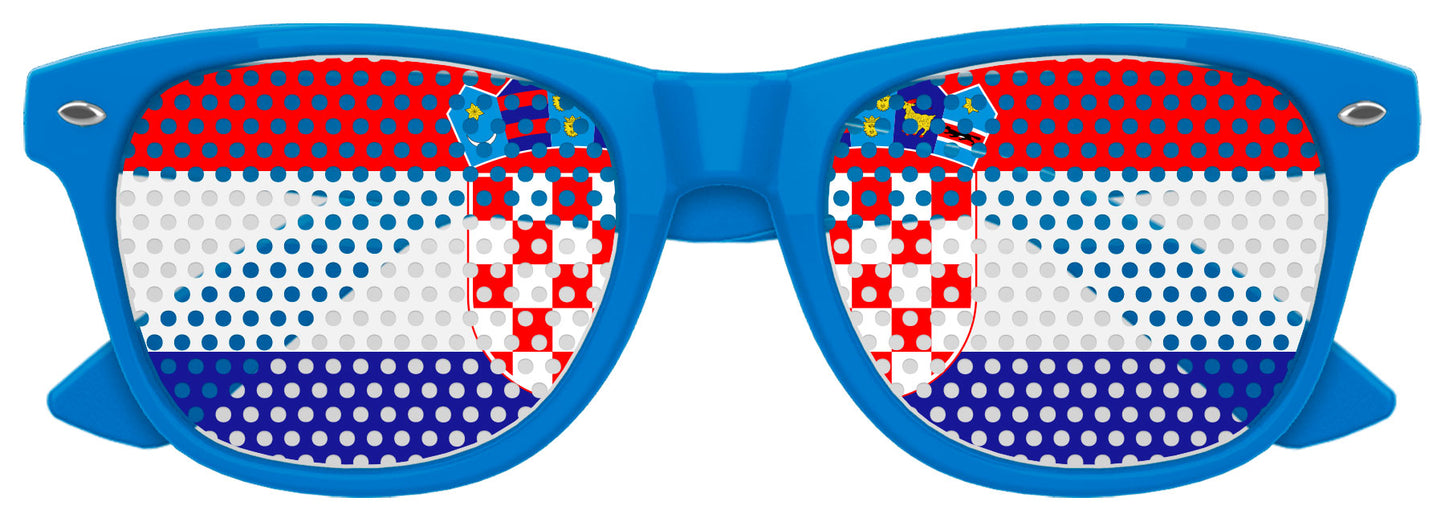 Funglasses with Croatia flag design, blue and white colors, perfect for World Cup party celebrations.