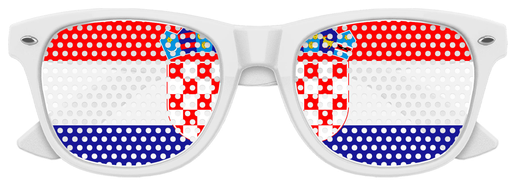 Croatia flag World Cup party sunglasses by Funglasses featuring white frame and Croatia flag design on the lenses.