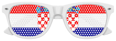 Croatia flag World Cup party sunglasses by Funglasses, featuring white frames and Croatian flag design on the lenses.