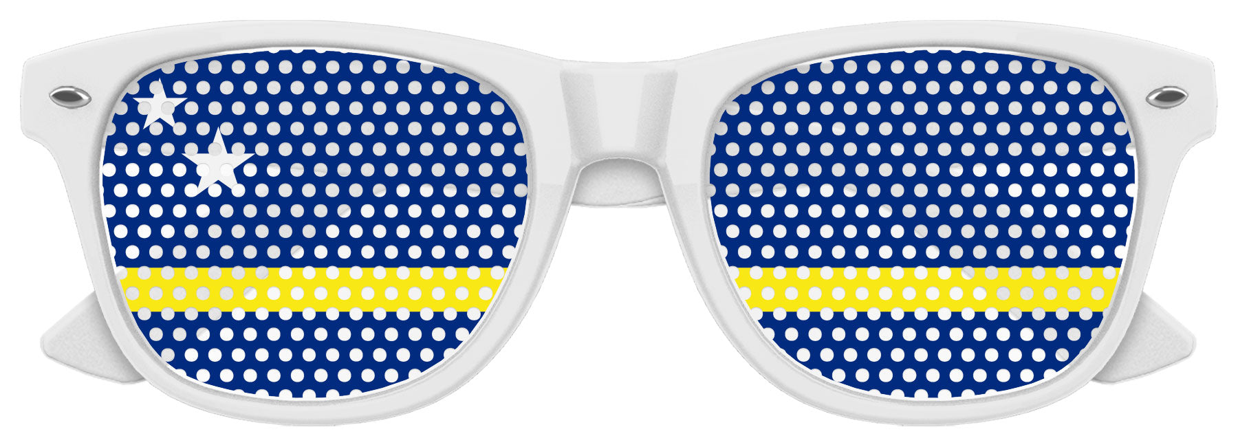 Curaçao flag World Cup party sunglasses by Funglasses with white frame and Curaçao flag design on the lenses.