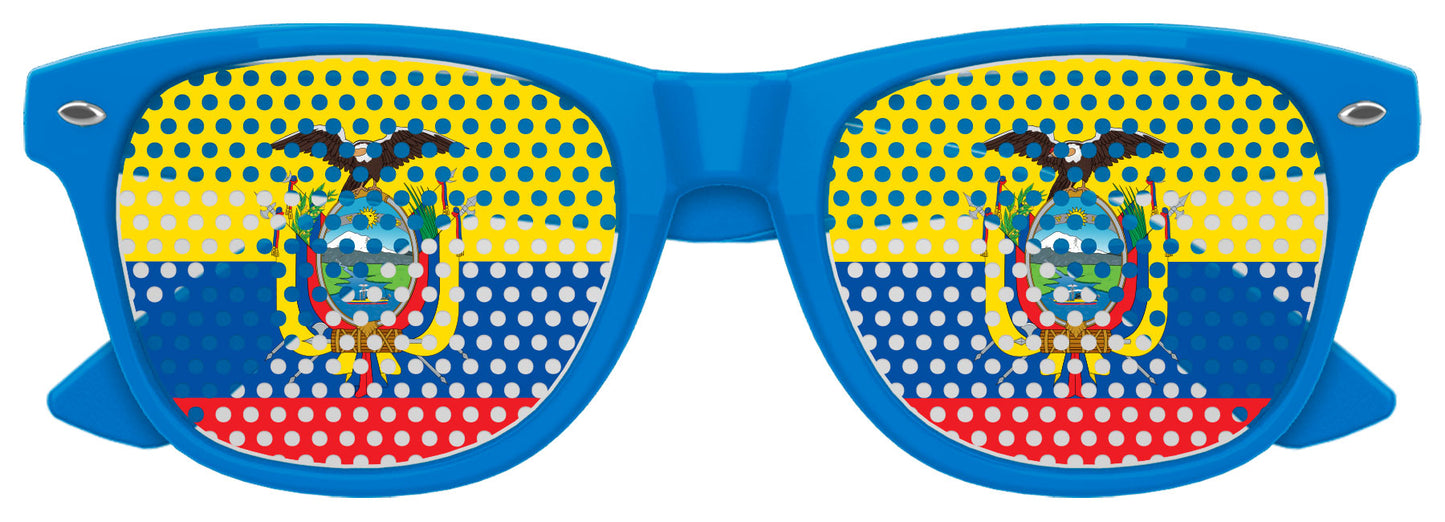 Ecuador flag-themed Funglasses World Cup party sunglasses with blue lenses and Ecuador flag design on the frames.