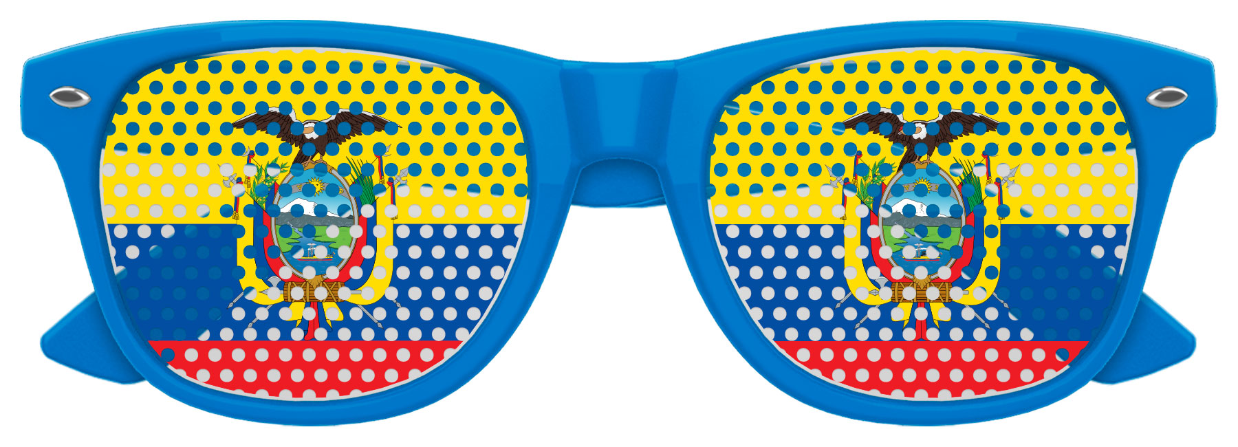 Ecuador flag-themed Funglasses World Cup party sunglasses with blue lenses and Ecuador flag design on the frames.