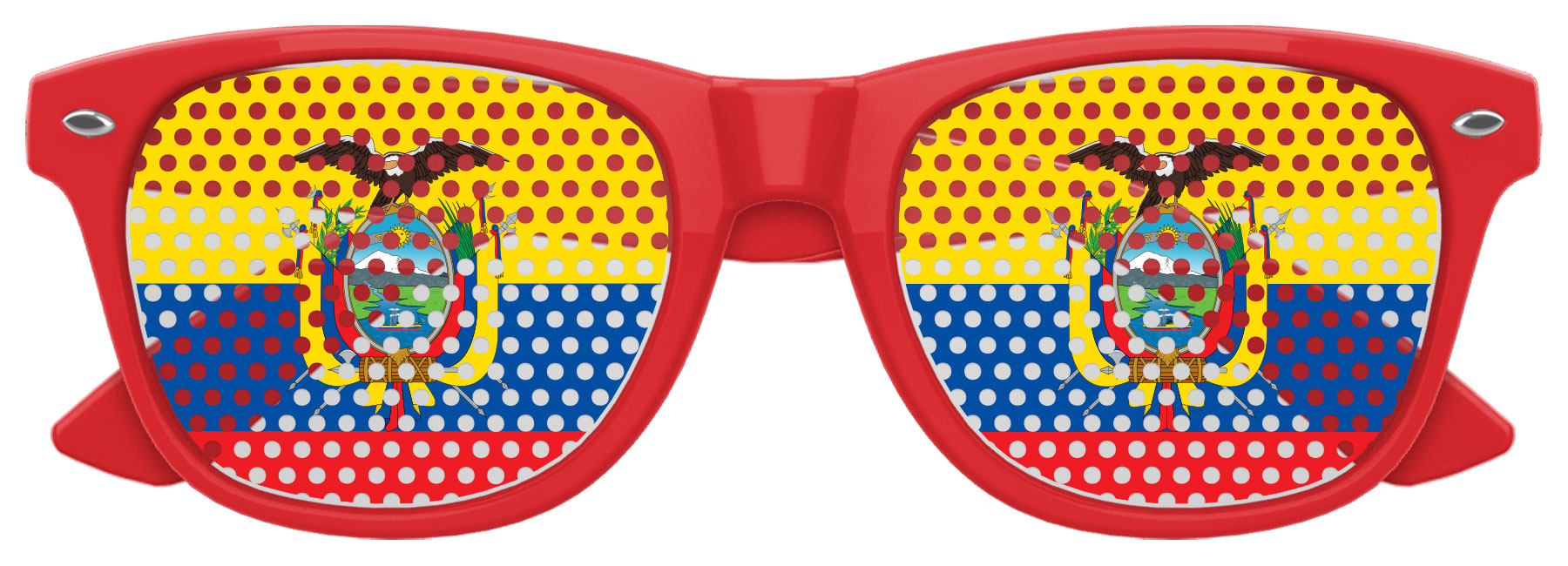 Ecuador flag World Cup party sunglasses by Funglasses featuring red, green, and yellow colors with Ecuador flag design lenses.