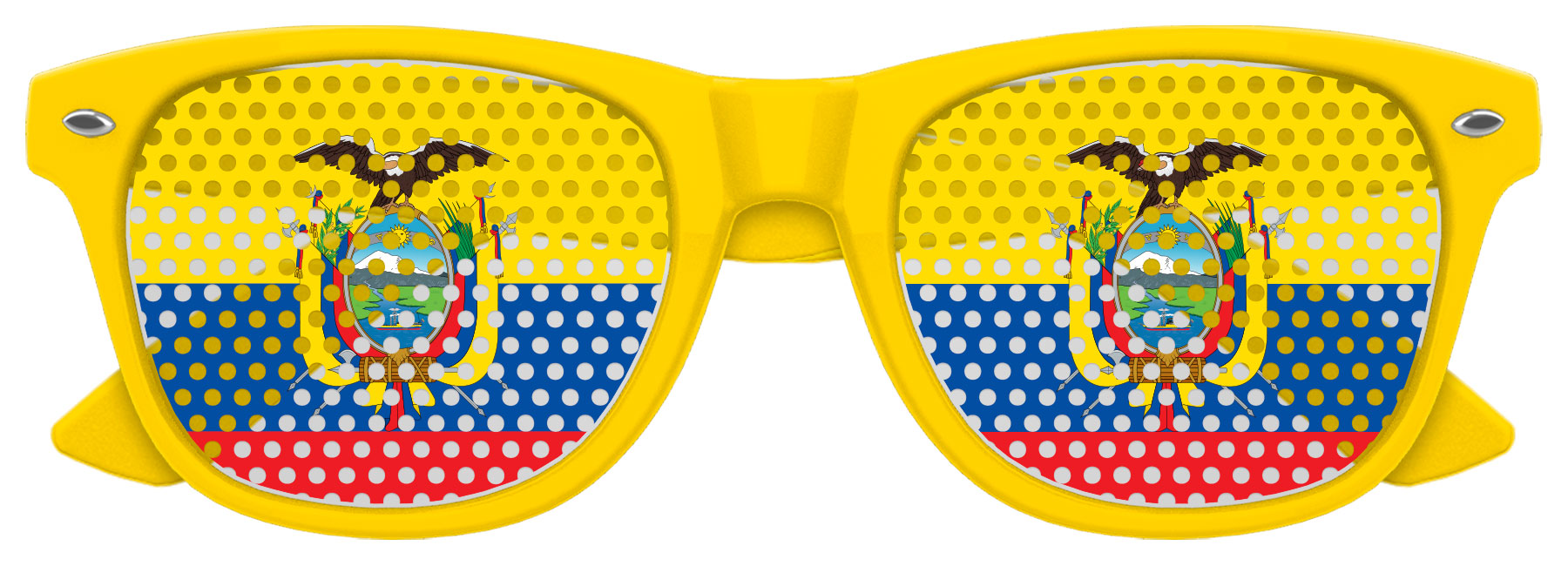 Ecuador flag themed sunglasses by Funglasses with yellow lenses, perfect for World Cup celebrations and fan support.