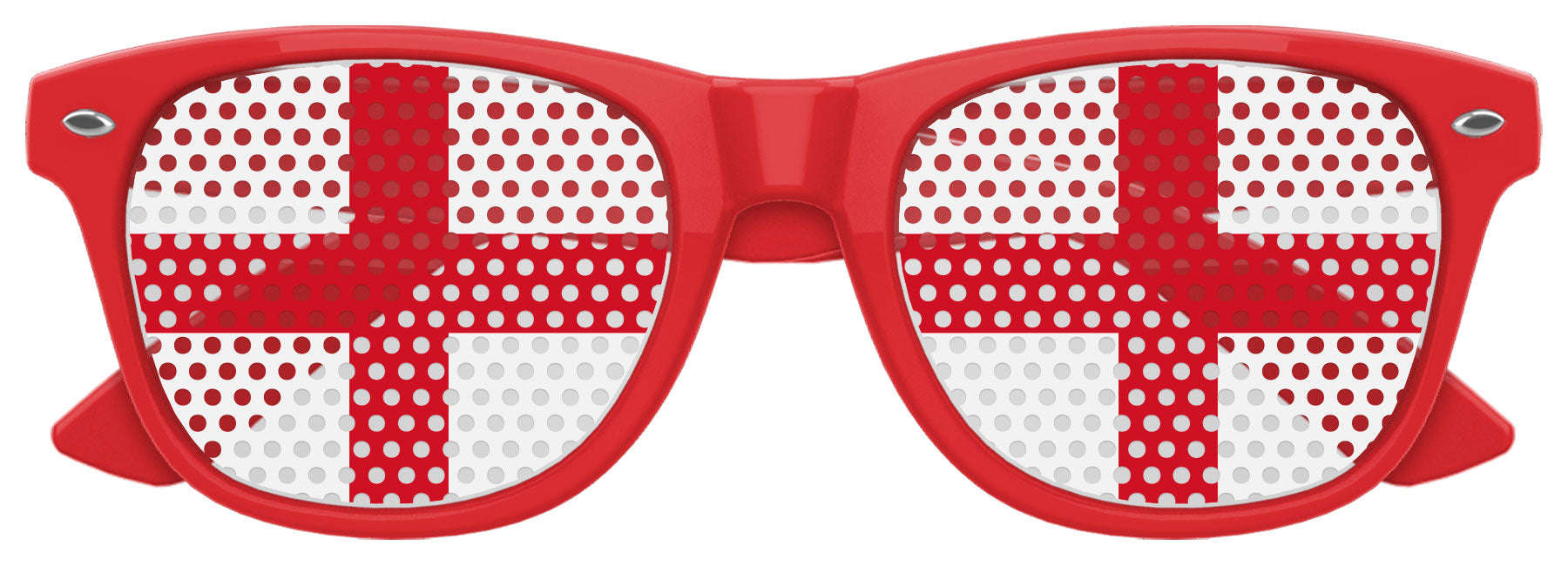 Funglasses with England flag design for World Cup parties, featuring red, white, and blue colors and patriotic branding.