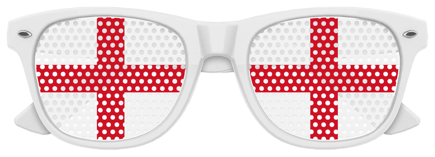 Funglasses with England flag design for World Cup party, featuring white frames and patriotic print on the lenses.