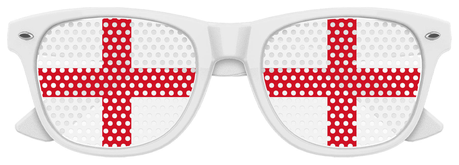 Funglasses with England flag design for World Cup party, featuring white frames and patriotic print on the lenses.