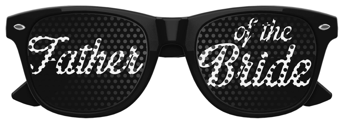 Black Father of the Bride wedding party sunglasses by Funglasses, featuring classic square frames and tinted lenses.