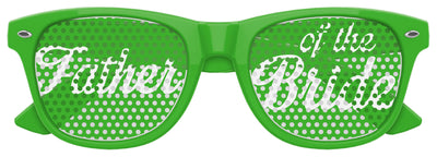 Father of the bride wedding party sunglasses by Funglasses, green frame with tinted lenses, outdoor wedding setting.