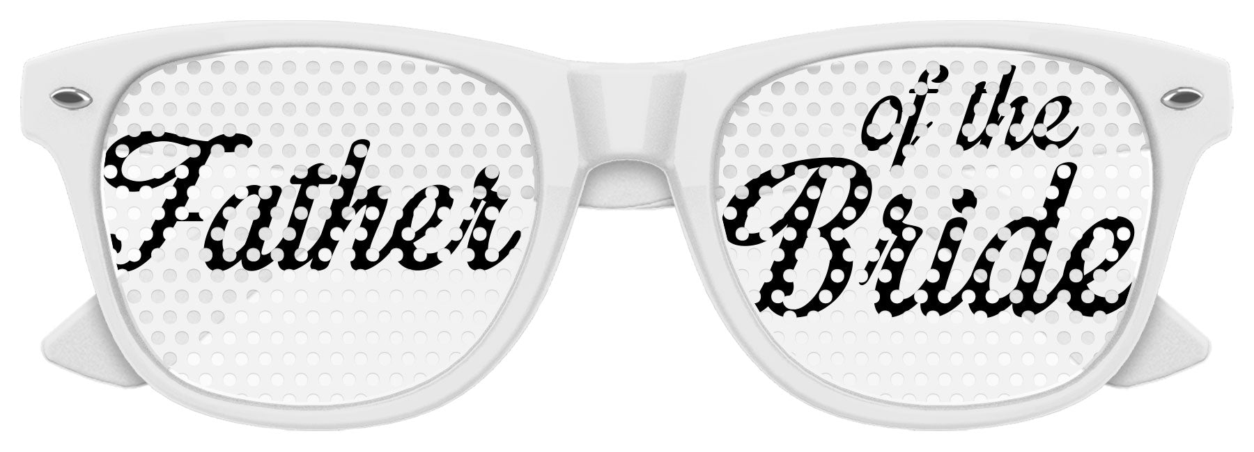 Funglasses Father of the Bride wedding party sunglasses in white with black lenses, stylish accessory for wedding photos.
