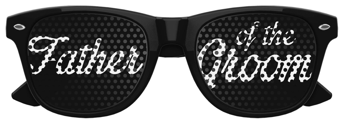 Black Funglasses Father of the Groom wedding party sunglasses with classic frame and tinted lenses, perfect for wedding events.