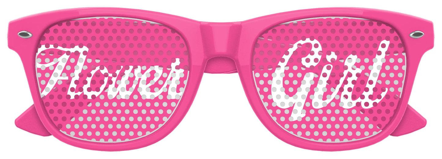 Pink flower girl sunglasses by Funglasses, fun accessories for wedding party photos, featuring floral design and UV protection.